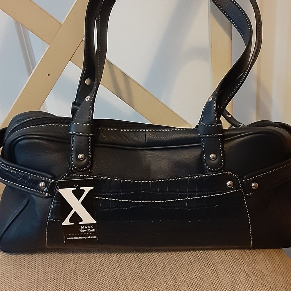 Pebble Leather Double Shoulder Bag w/Croco Detail
